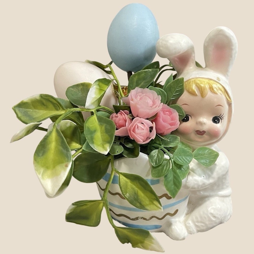 Vtg Ceramic Rabbit Bunny Boy Planter Easter Decor Flower Container INARCO‎ 6"